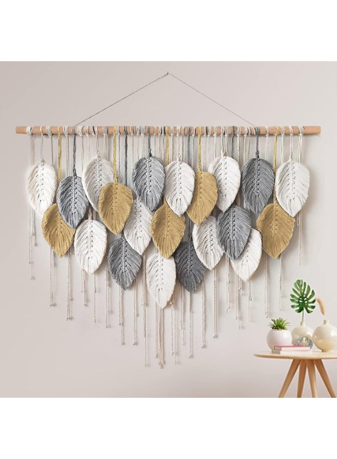 Macrame Boho Tapestry Wall Decor - Leaf Feather Design, Chic Woven Art for Bedroom & Living Room, Beige, Grey, Yellow, 100 - Image 1